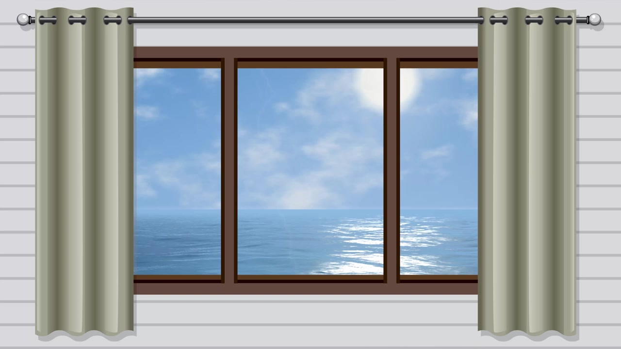 Looping animation of a window overlooking calm blue ocean water under a bright sunny sky.