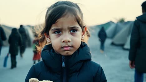 sadness envelops a refugee child clutching a teddy bear while standing in a crowded refugee camp