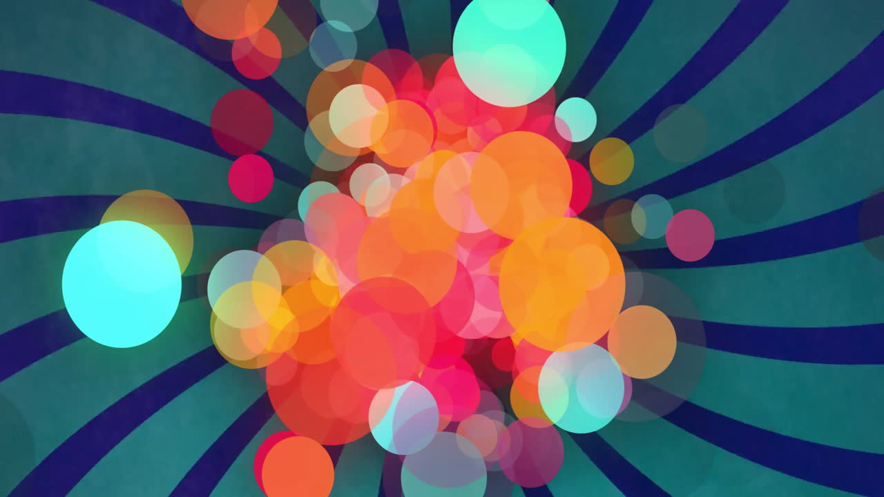 Translucent circles clustering in center, radiating blue stripes flowing outward in flat design