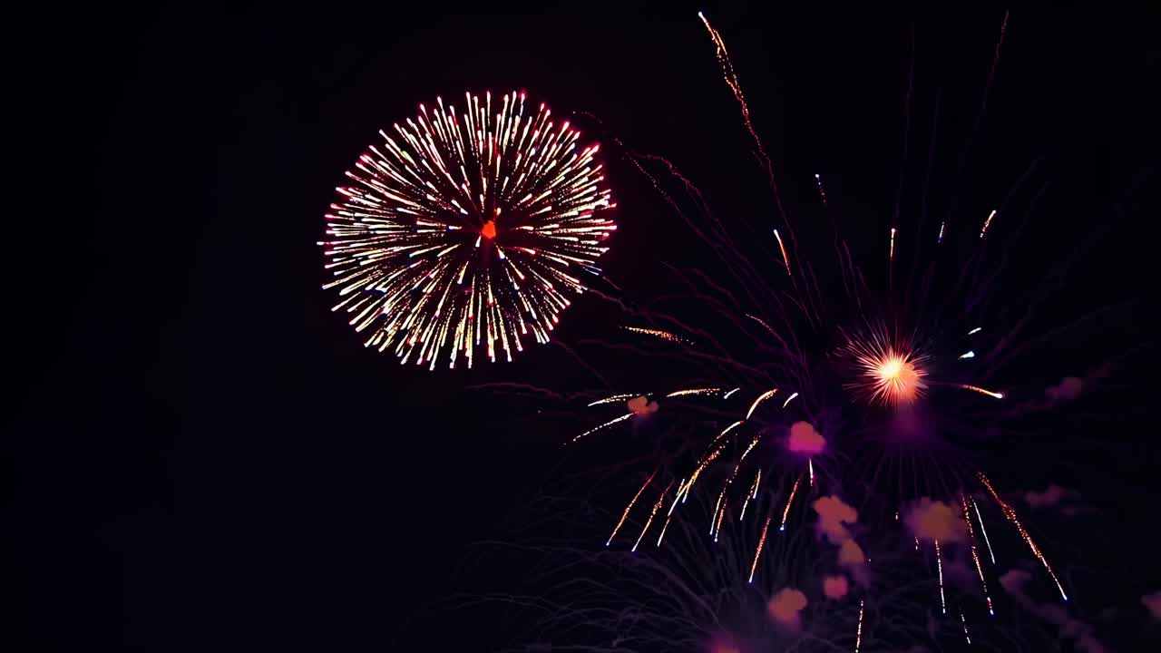 Vibrant fireworks explode in the night sky, captured from a low-angle perspective