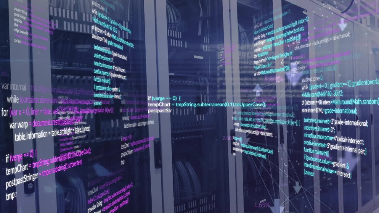 animación de flechas conectadas y lenguaje informático sobre bastidores de servidores de datos en la sala de servidores