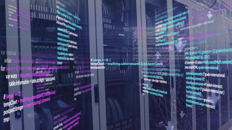 Animation of connected arrows and computer language over data server racks in server room