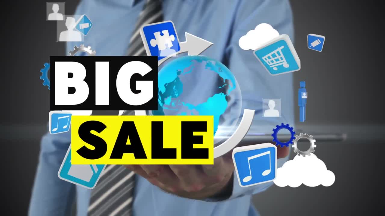 태블릿을 사용하는 백인 사업가에 대한 글로브와 아이콘으로 큰 판매 텍스트의 애니메이션.