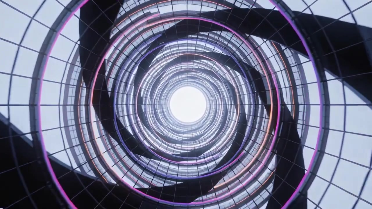 Telecamera che panoramica rivelando un condotto a spirale in una struttura, mostrando anelli, una rete e luci al neon che conducono verso il lucernario.