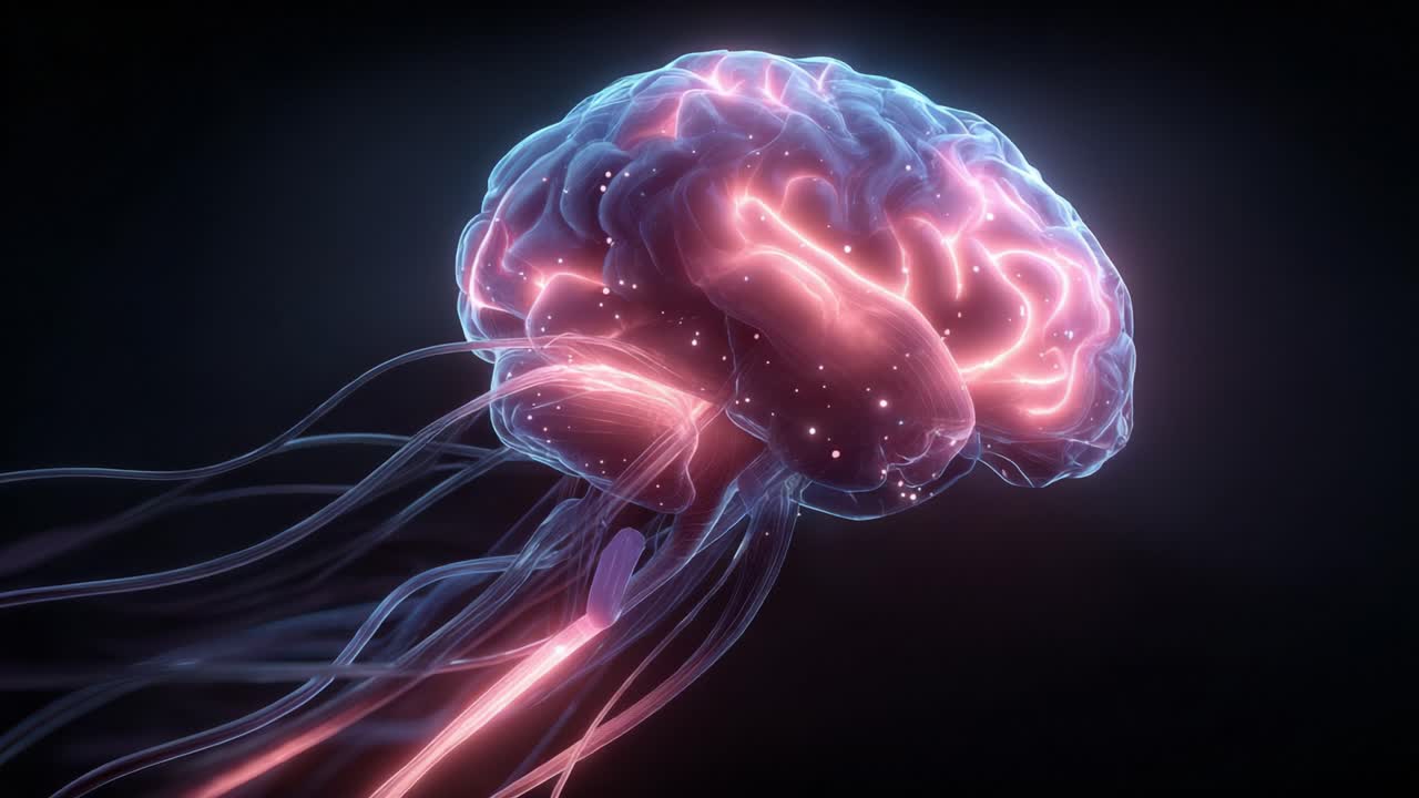 Luminous human brain model with glowing neurons and pulsating synapses illustrating electrical impulses and neural network activity in the central nervous system for science and medicine