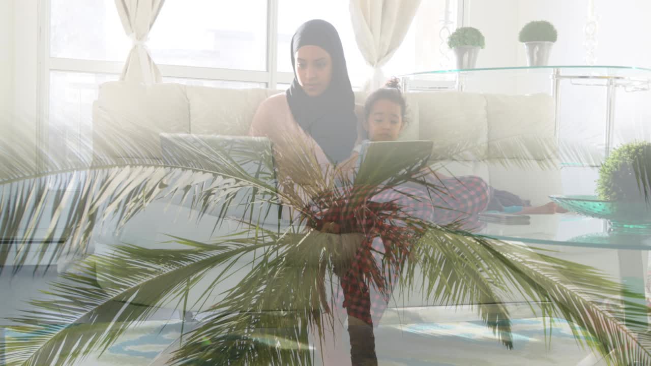 히자브 를 입은 아시아인 어머니 가 딸 과 함께 풍경 위 에 앉아 있는 애니메이션