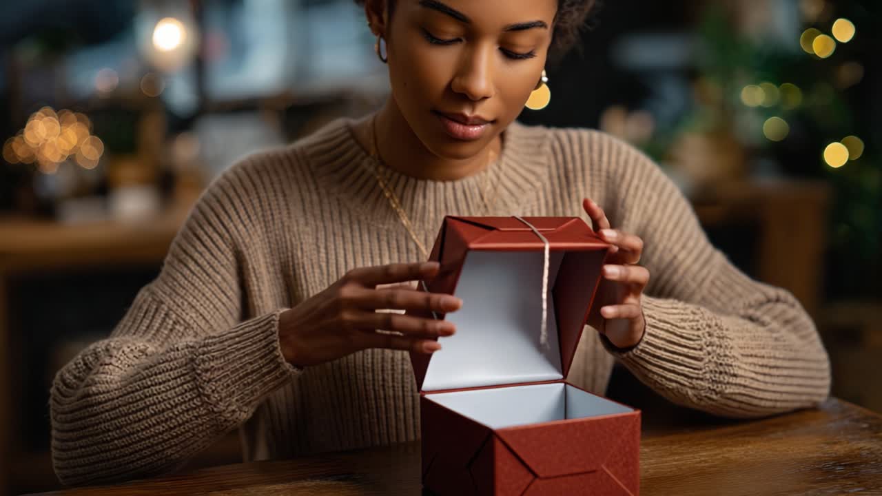 Un momento pensieroso nello scartare un regalo: l'attesa e la gioia di rivelare sorprese nascoste all'interno di un regalo rosso splendidamente incartato.
