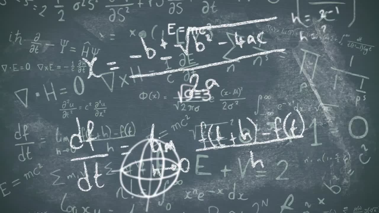 animación digital de símbolos y fórmulas matemáticas flotando contra ecuaciones matemáticas en bl