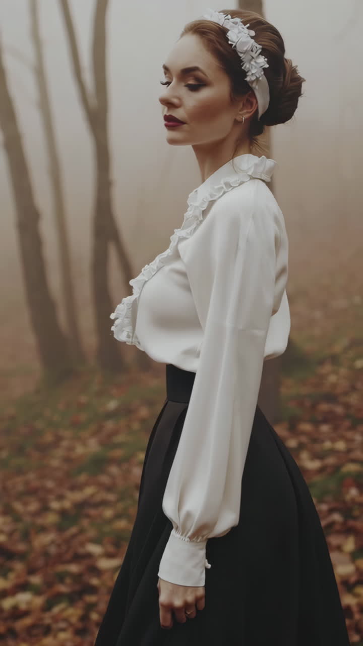 Donna elegante in camicetta con volant in una foresta autunnale nebbiosa