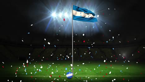 animation of confetti, honduras flag in soccer ball, waving flag of honduras over lights in stadium