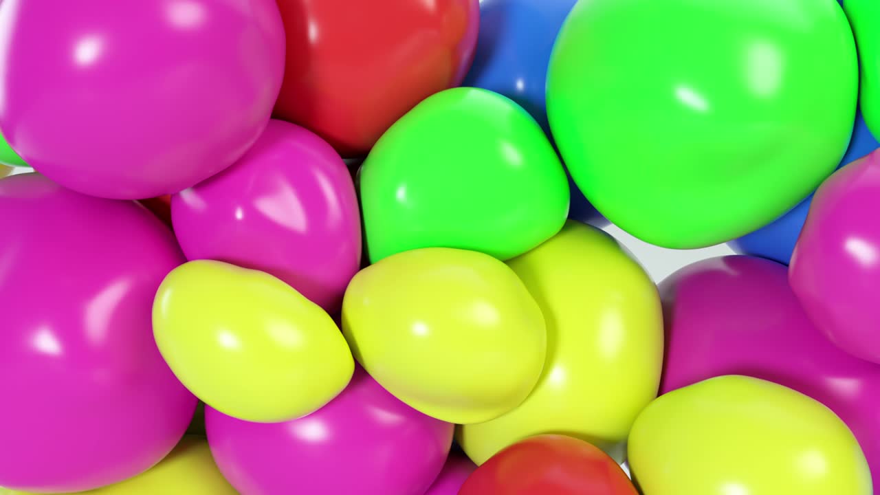 abstractas bolas blandas multicolores se mueven e interactúan entre sí con presión interna tratando de encontrar un lugar para sí mismas.