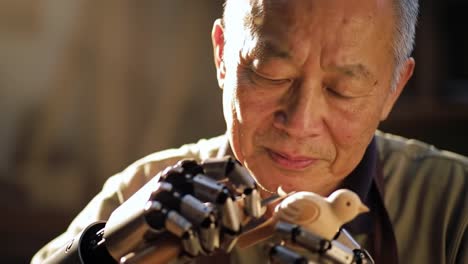 a skilled artisan perfects a wooden bird with precision robotic hands, showcasing the blend of tradition and technology in craftsmanship