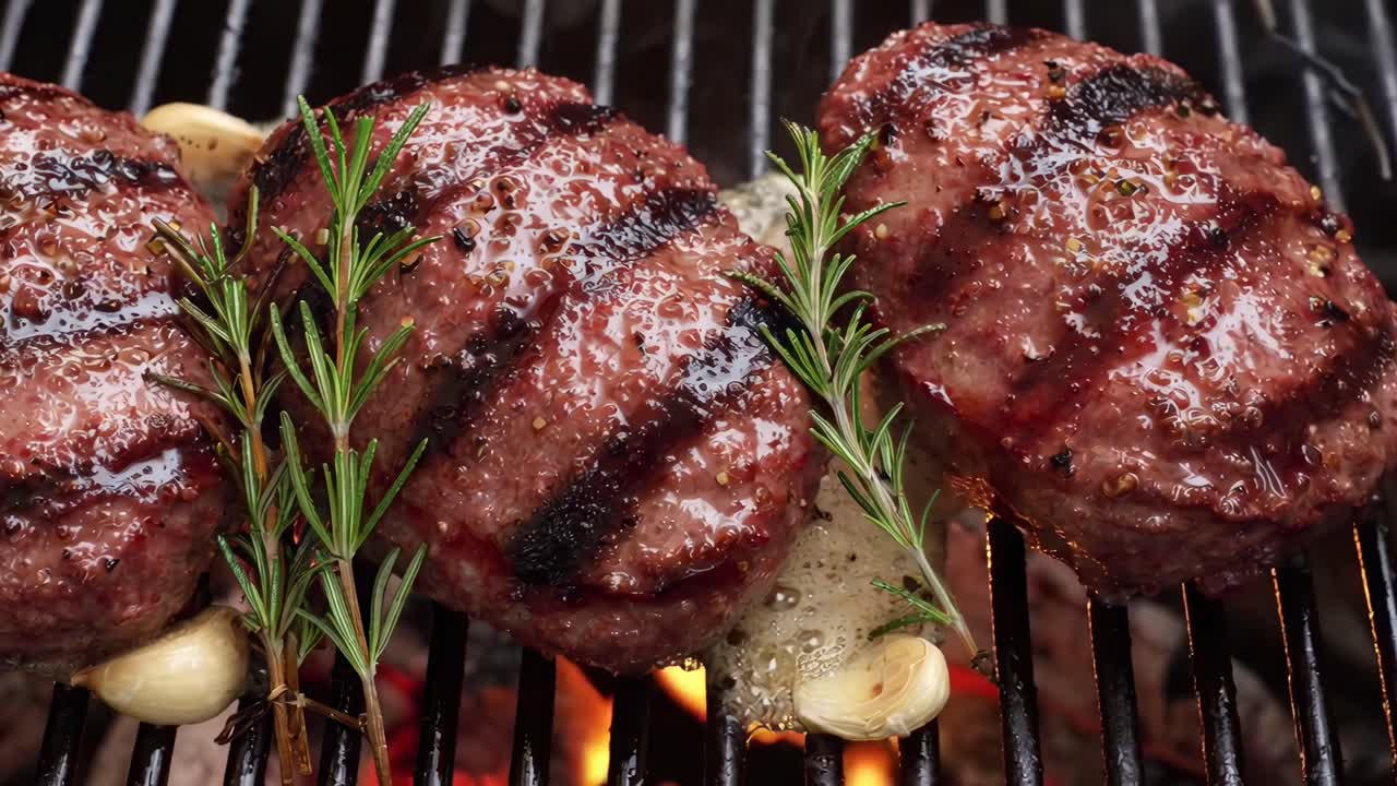 Close-up video of sizzling burgers on a grill, with rosemary and garlic, shot from above