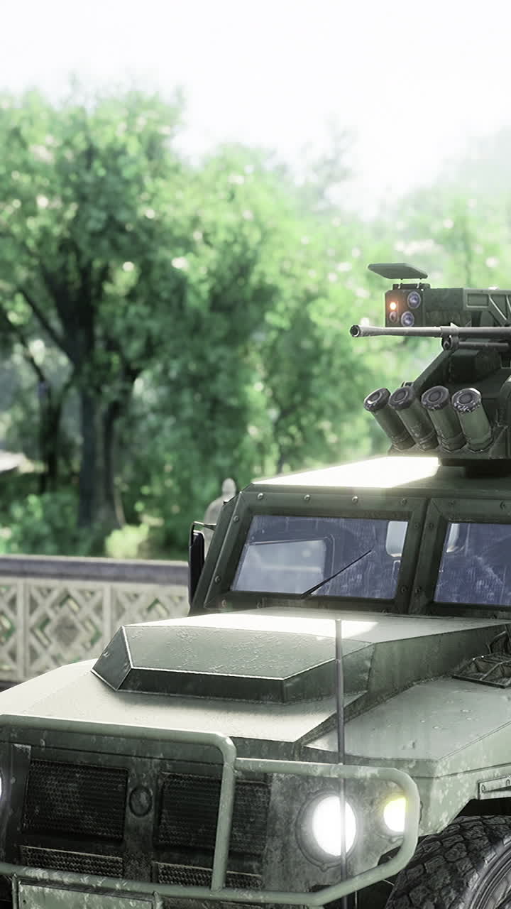 Military vehicle parked near trees during bright day