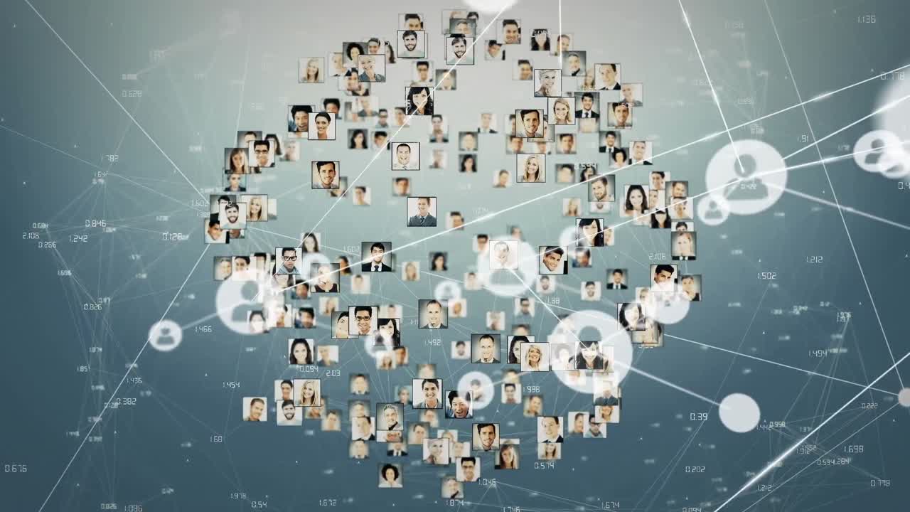 회색 배경 위에 아이콘과 사용자 사진으로 연결 네트워크의 애니메이션