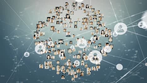 회색 배경 위에 아이콘과 사용자 사진으로 연결 네트워크의 애니메이션