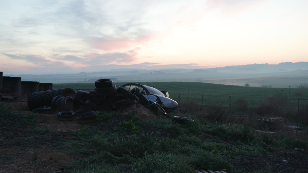 스페인의 쓰레기 매장 위에 해가 지고 오래된 망가진 자동차와 타이어  ⁇ 어리