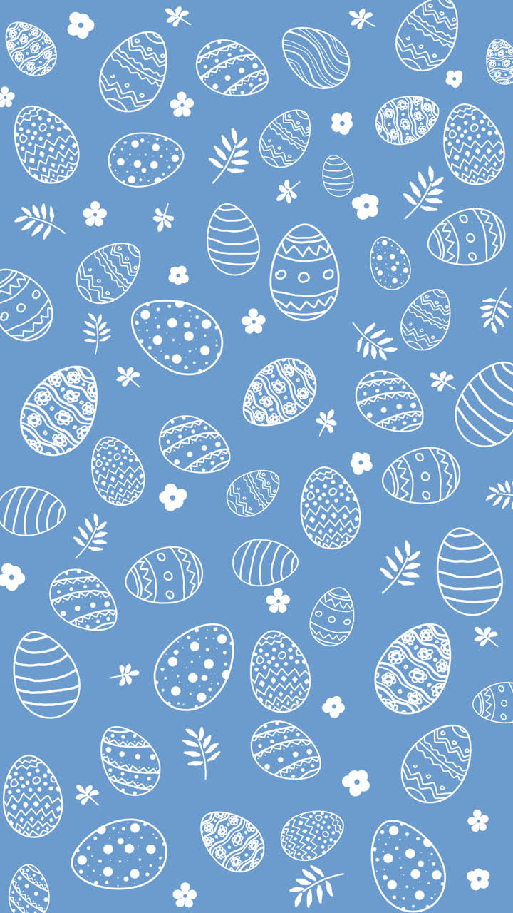 The decorative Easter eggs with different patterns and sizes on a blue background. Loop animation for happy Easter day. Vertical video.