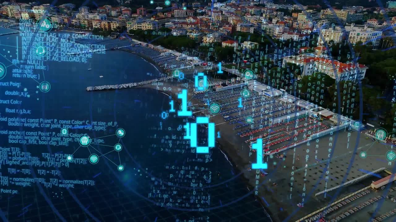 Animation of data processing over 3d cityscape