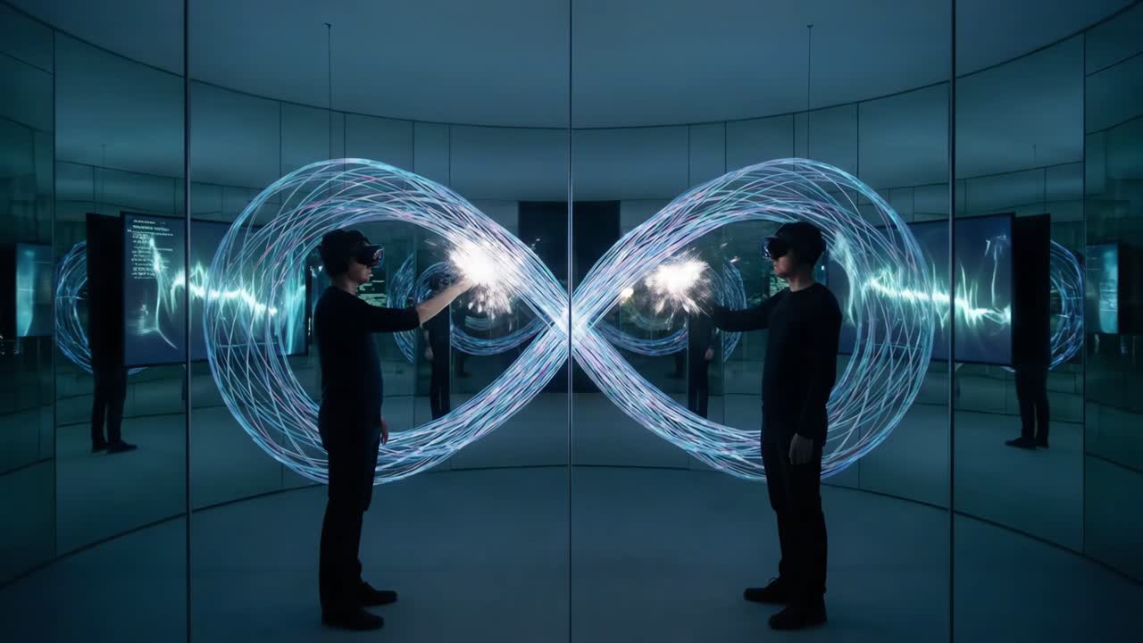 Men in VR Headsets Interact with Glowing Infinity Symbol in Mirrored Room