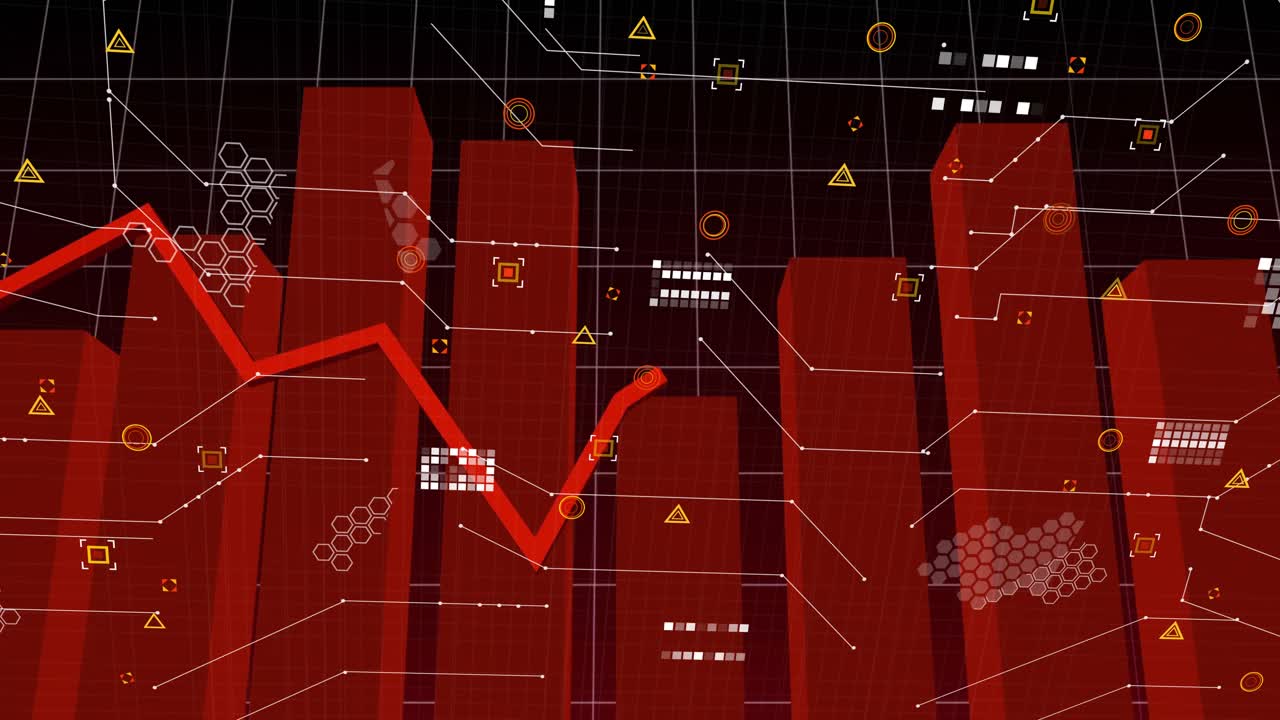 Animating red bar chart columns rising and falling, zigzag line, connection lines, data markers