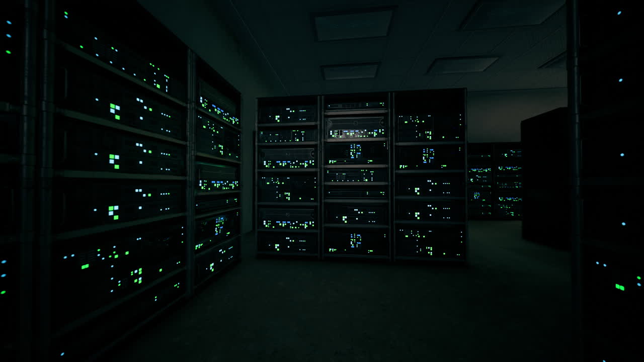 Network servers quietly humming in a dimly lit server room at night