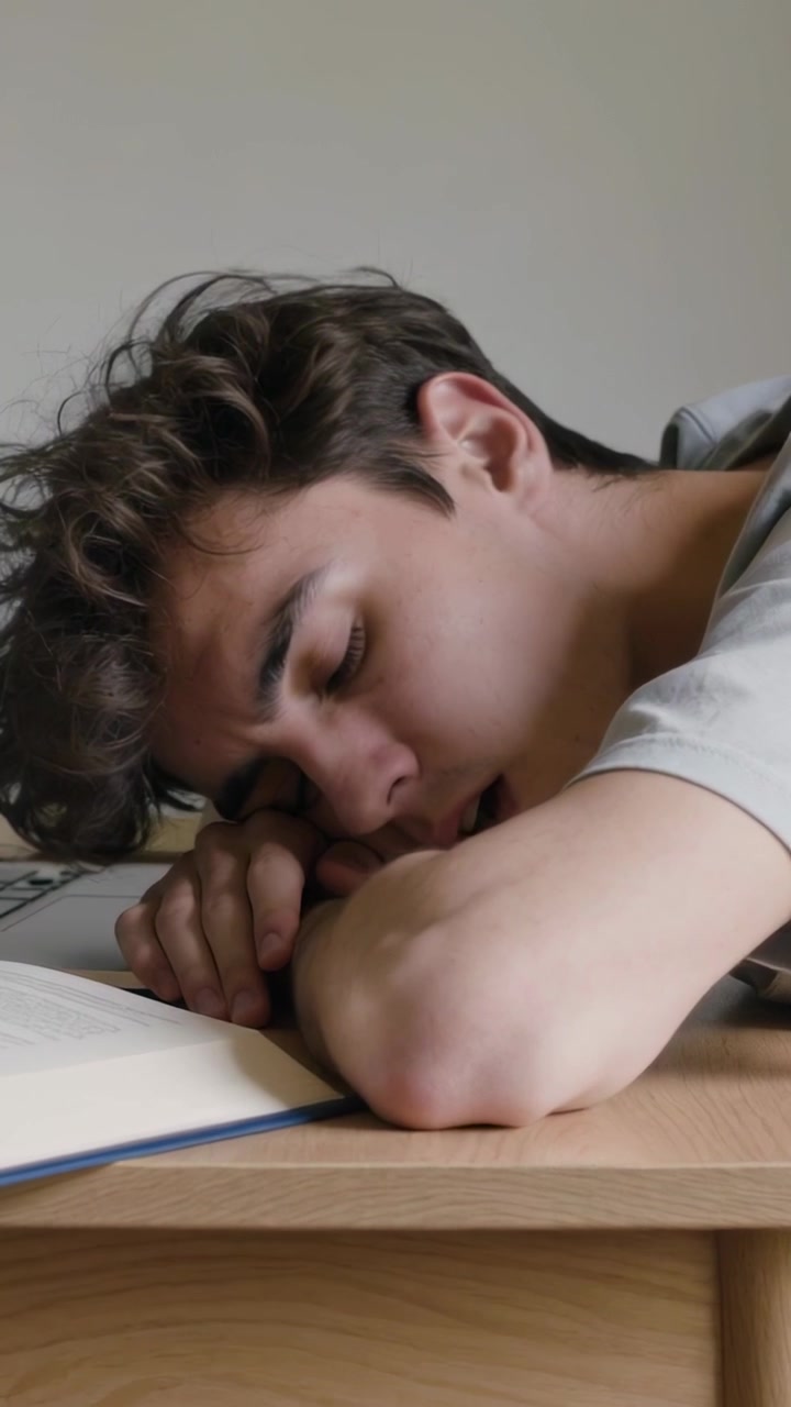Vertical video: After fidgeting male in tee lowering head, closing eyes on desk with book, studying