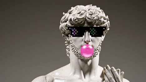 ancient statue with meme sunglasses and bubblegum