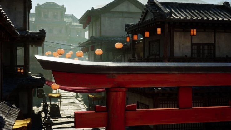 Calle tradicional japonesa con puerta Torii roja