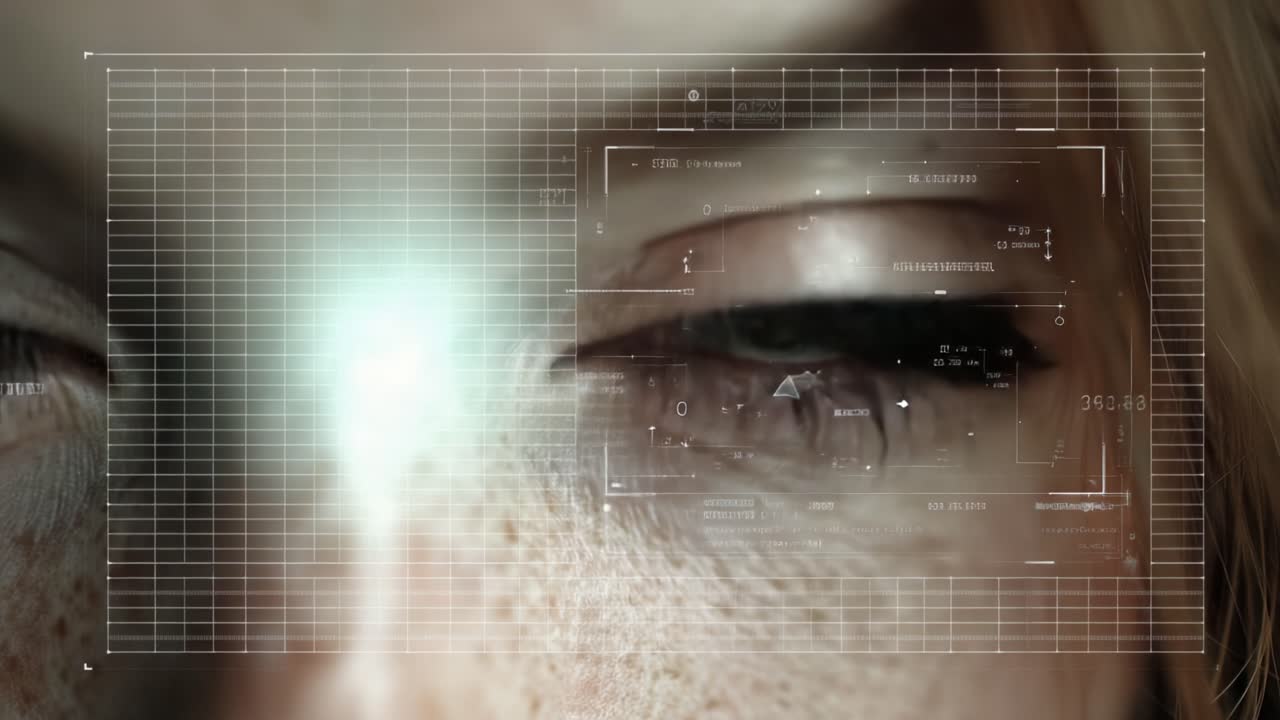 A Close-Up Exploration of Eyes Enhanced by Digital Overlays, Unveiling Technology's Intersection with Human Perception and Emotion in Futuristic Imagery