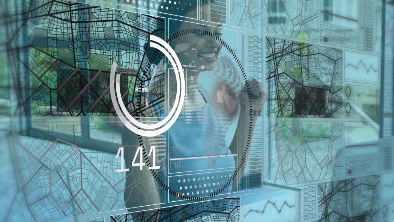 Animation of numbers and data processing over businesswoman using computer