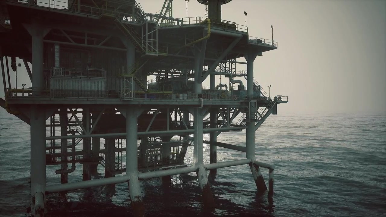 Büyük çalkantılı dalgalar, açık deniz sondaj kulesi destek yapısına çarpıyor.
