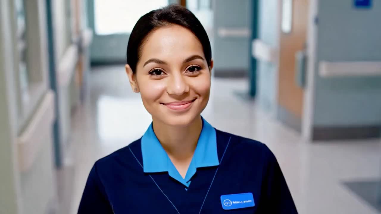 Smiling Healthcare Professional in Hospital Hallway