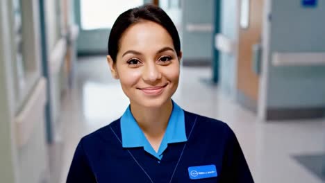 smiling healthcare professional in hospital hallway