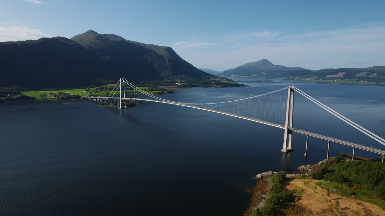 Scenic aerial shot of the Atlantic Ocean Road, Norway. Iconic bridge connecting Norway's rugged islands.