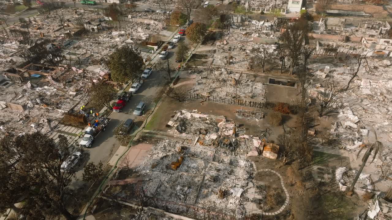 4K aerial of Pacific Palisades after the fire in January 2025, Los Angeles, California, USA.