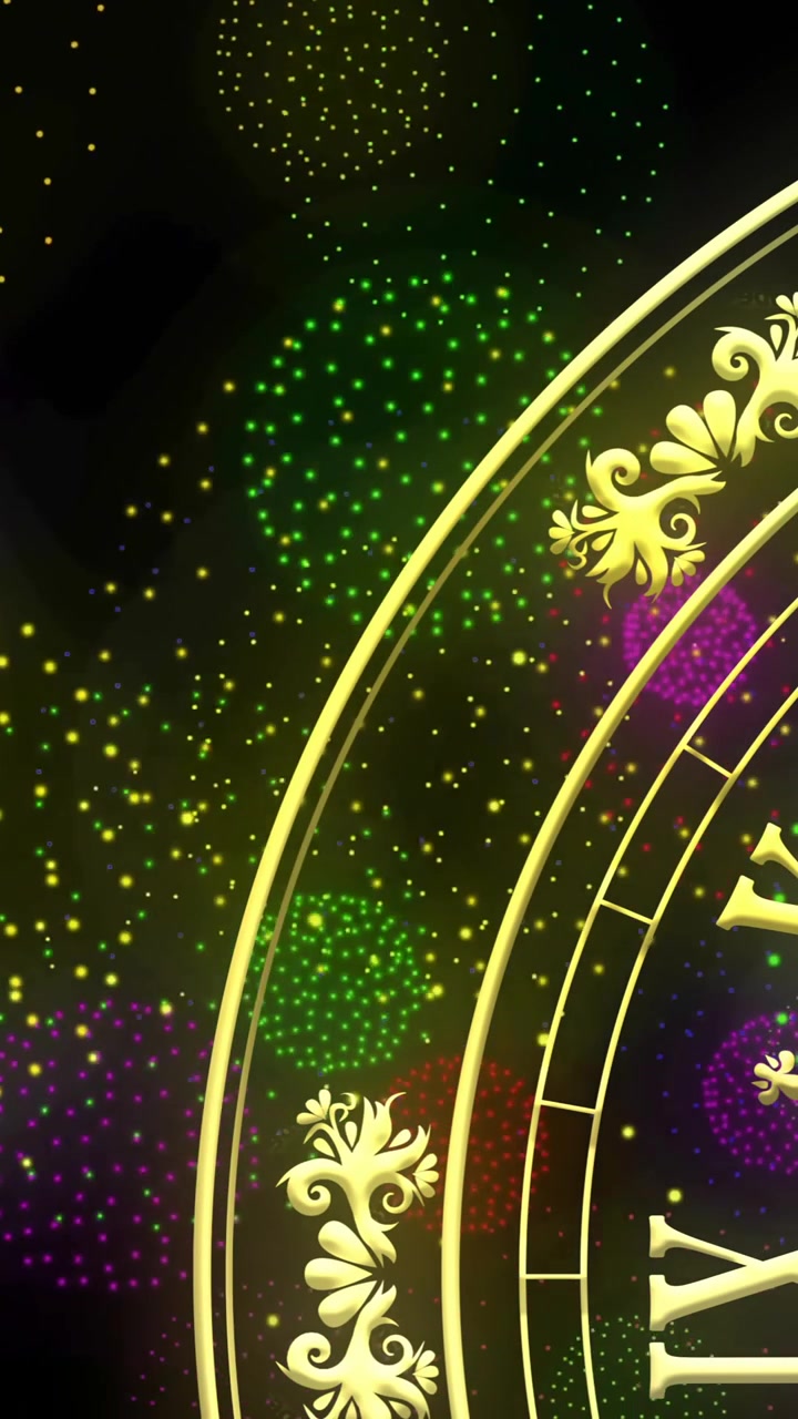 Animazione di un orologio che segna la mezzanotte e fuochi d'artificio che esplodono su sfondo nero.