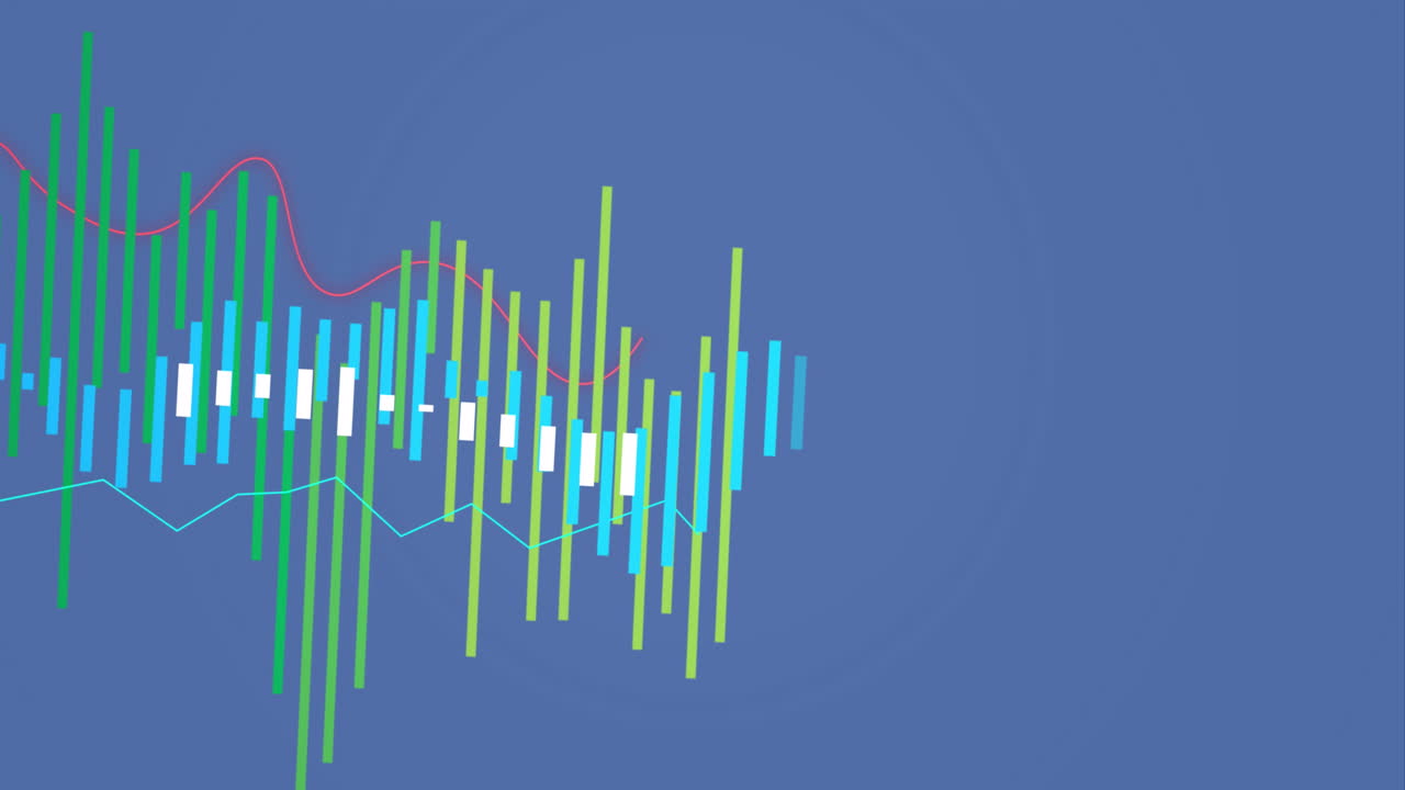 un gráfico financiero con líneas rojas y azules procesando sobre un fondo negro.