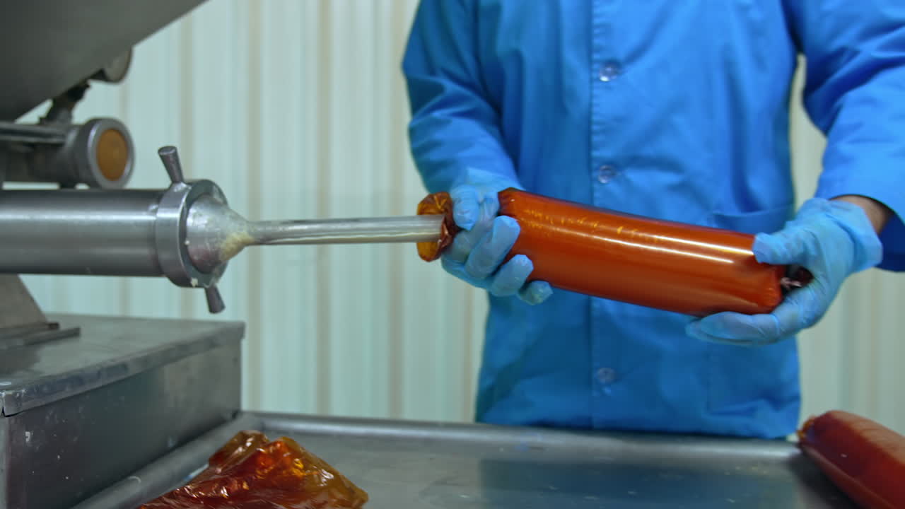 Specialist makes sausage. Factory worker makes sausage using a special machine