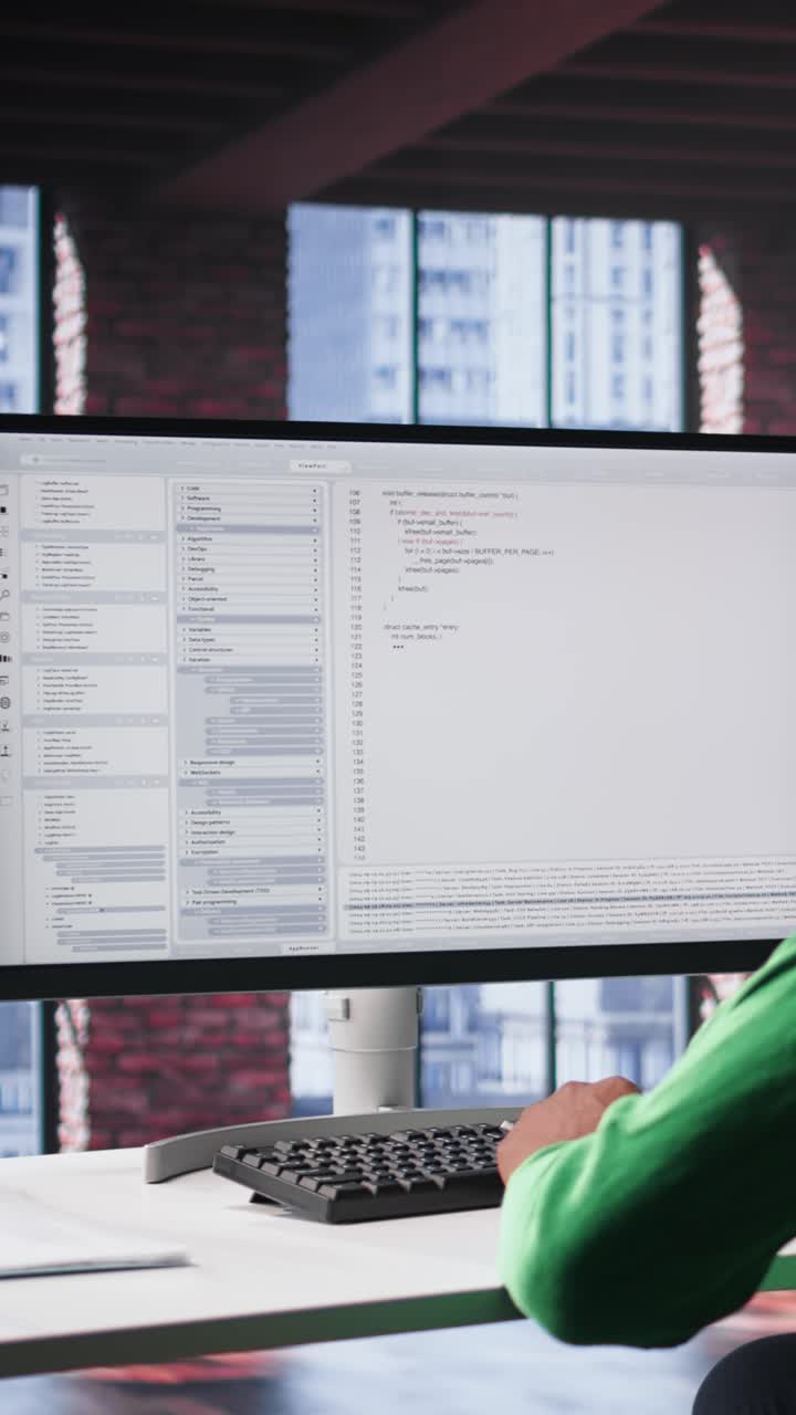 Vertical Video Black IT expert looking at user interface on computer at home office