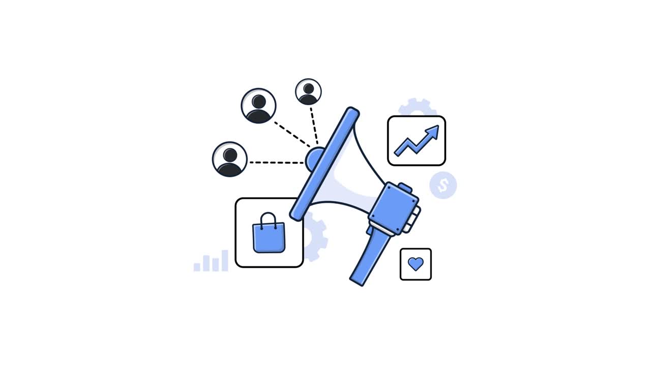 Megafono animato che annuncia concetti di digital marketing