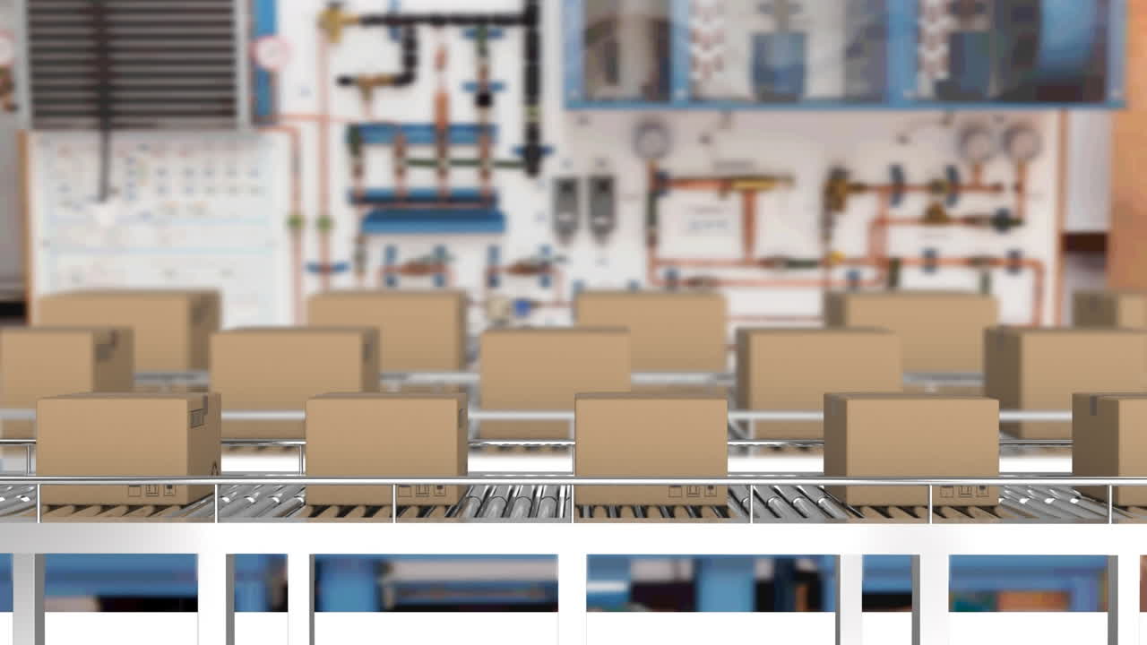 창고의 컨베이어 벨트에 있는 카드보드 상자의 애니메이션