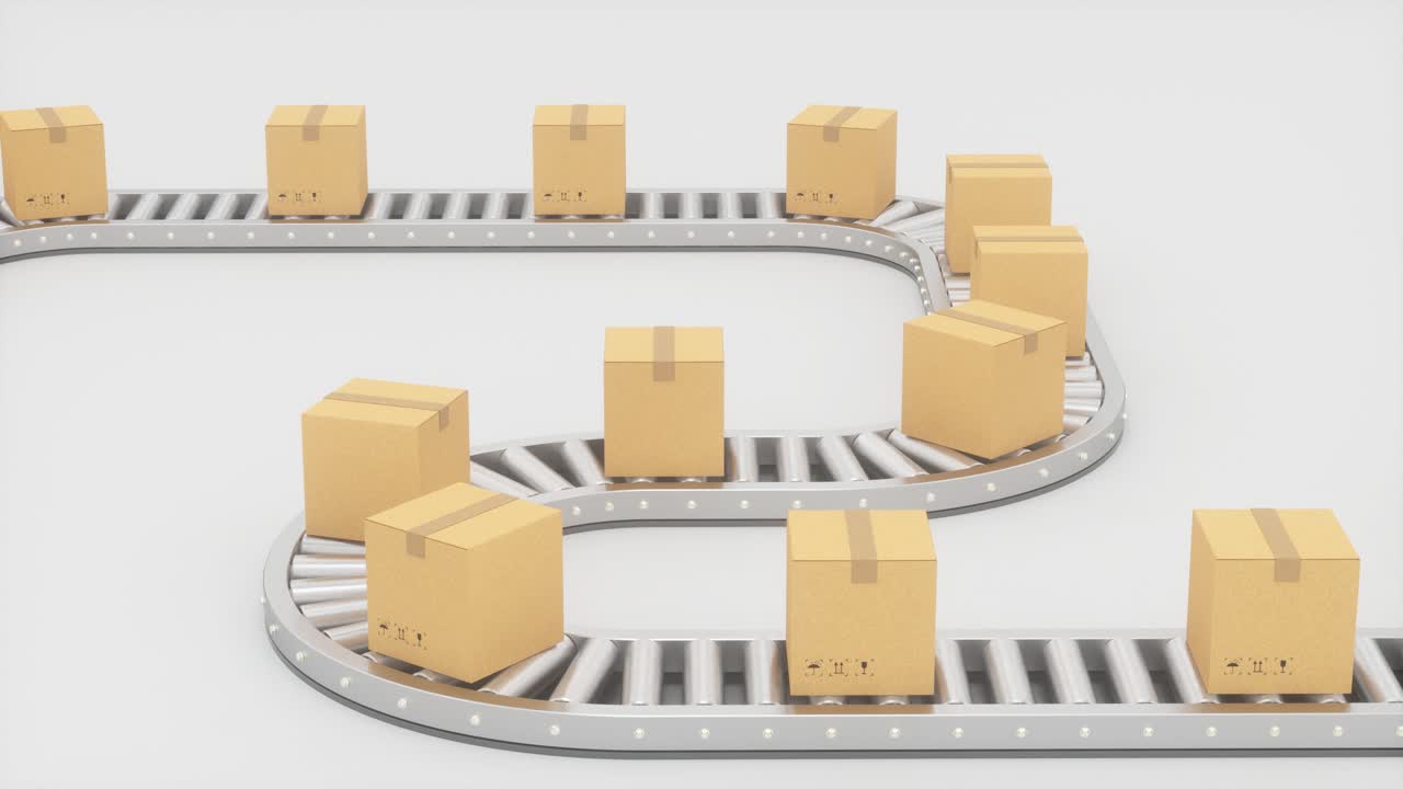 cajas que se mueven en la cinta transportadora, renderización en 3d.