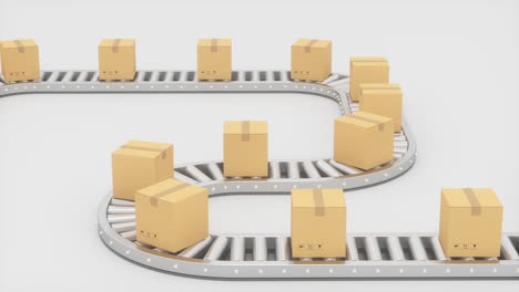 boxes moving on the conveyor belt, 3d rendering.