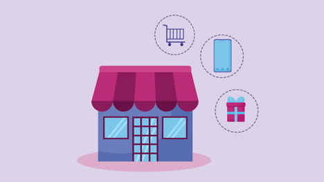 online commerce animation with store and icons