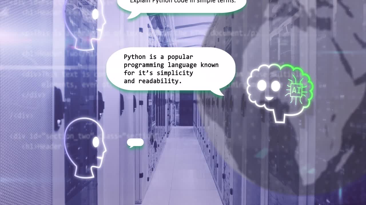 Animation of ai chat and globe over computer server room