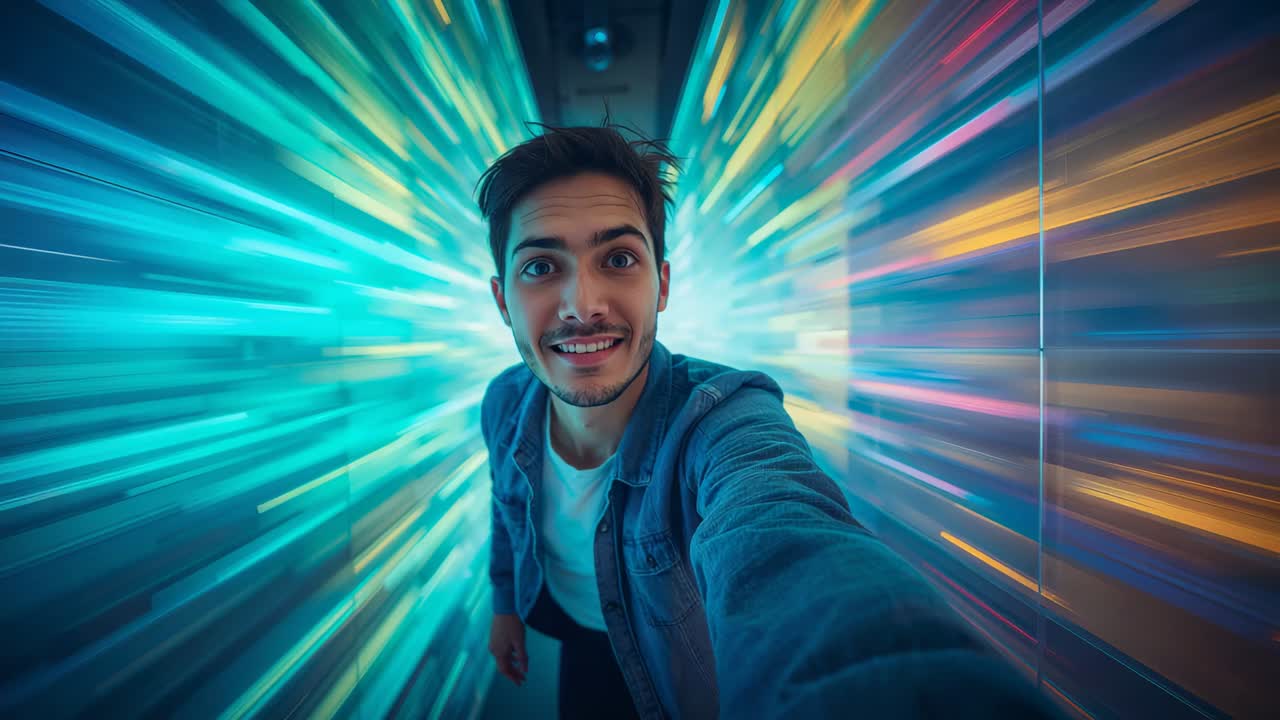 Pressing record, man in denim jacket white tee walking to camera in LED-panel tunnel filming selfie