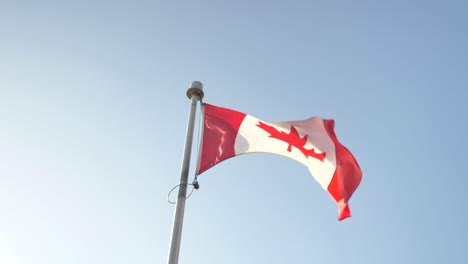 a canada flag blowing on a clear sunny day