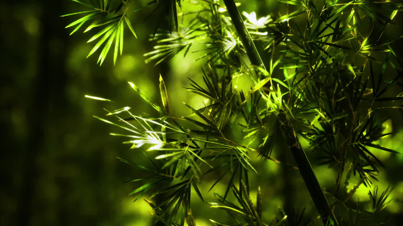 Lush green bamboo leaves illuminated by sunlight in serene forest setting