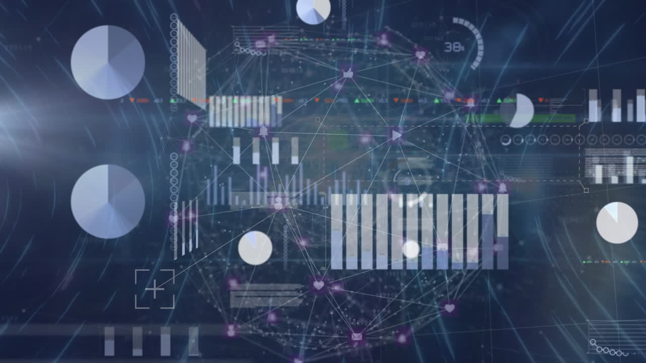 Animation of financial data processing over network of connections on black background